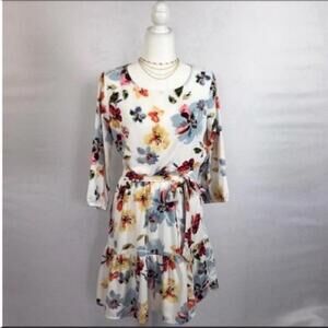 Vince Floral Women's  Belted‎ Long Sleeve Tiered Mini Dress Size XS